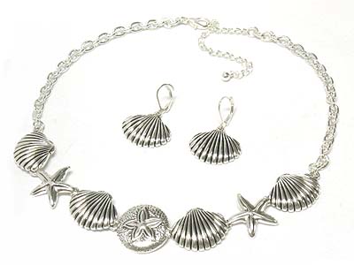 Metal shell and starfish chain necklace and earring set