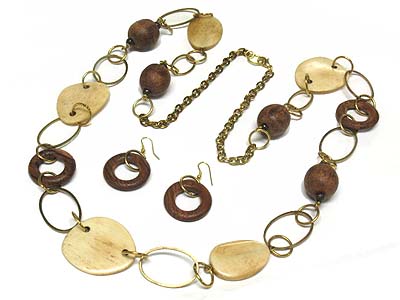 Ethnic indian jewelry - camel bone disk and wood donut and metal long necklace and earring set