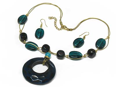 Ethnic indian jewelry - genuine glass beads and carved natural regin  donut double strands necklace and earring set  