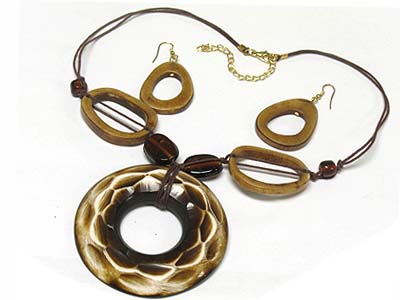 Ethnic indian jewelry - camel bone and genuine glass and natural regin donut pendant and dual cords necklace and earring set