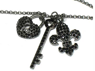 Crystal fleur de lis key and lock pendant necklace  