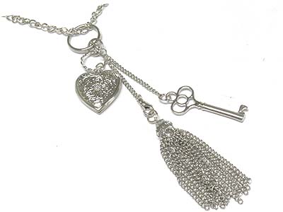 Key and heart locket long necklace 