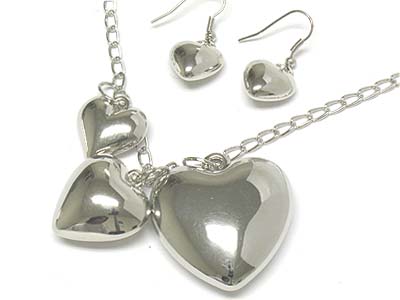 Triple metal heart charms long necklace and earring set