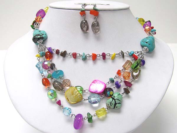 Multi layer mixed beads and chip stone necklace earring set