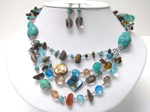 Multi layer mixed beads and chip stone necklace earring set