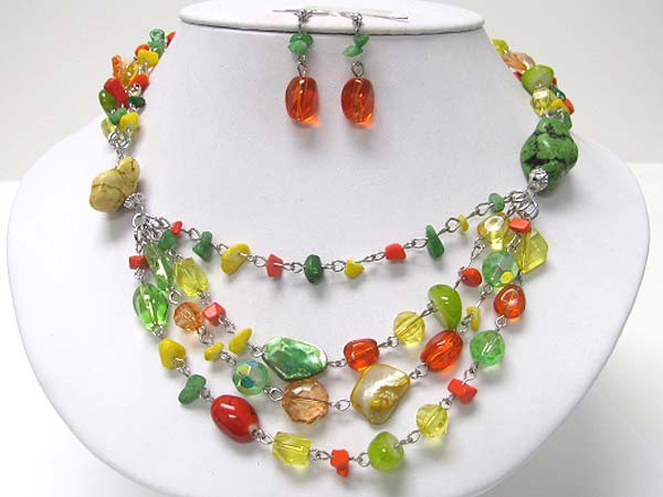 Multi layer mixed beads and chip stone necklace earring set