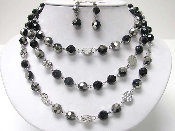 Triple layer mixed facet glass and metallic beads neckalce earring set