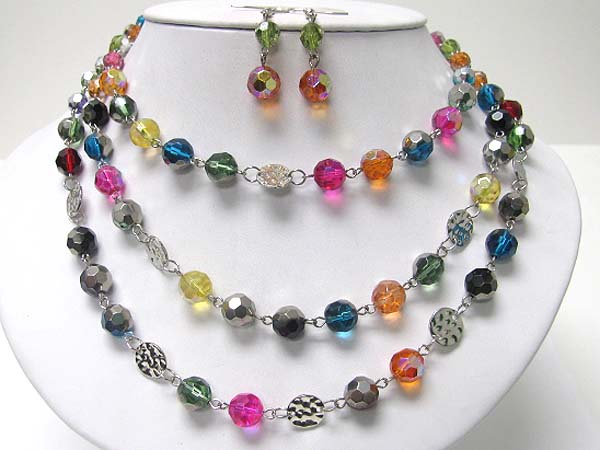 Triple layer mixed facet glass and metallic beads neckalce earring set