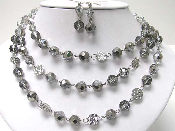 Triple layer mixed facet glass and metallic beads neckalce earring set