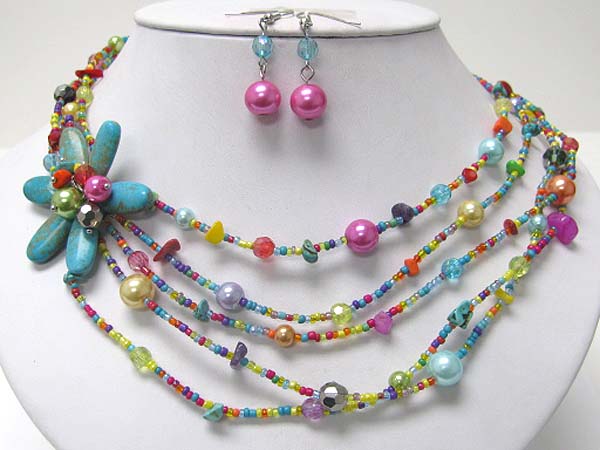 Turquoise flower accent multi strand mixed beads neckalce earring set