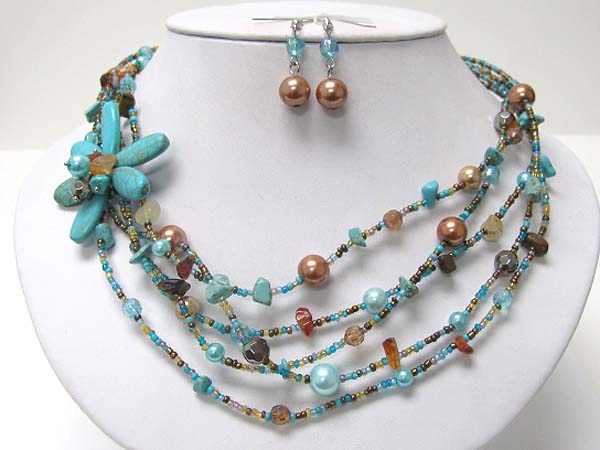 Turquoise flower accent multi strand mixed beads neckalce earring set