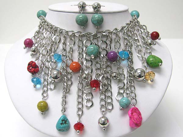 Mixed natural stone chain drop neckalce earring set