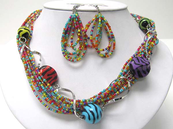 Animal skin pattern ball and multi strand seed beads necklace earring set