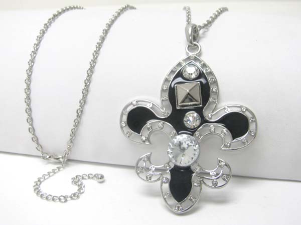 Large crystal stud enamel fleur de lis charm dangle long neckalce earring set