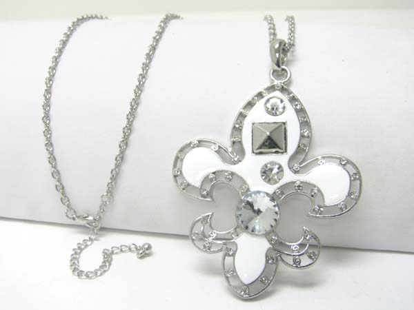 Large crystal stud enamel fleur de lis charm dangle long neckalce earring set