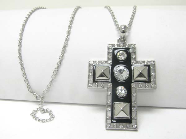 Large crystal stud enamel cross charm dangle long neckalce earring set