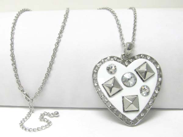 Large crystal stud enamel heart charm dangle long neckalce earring set