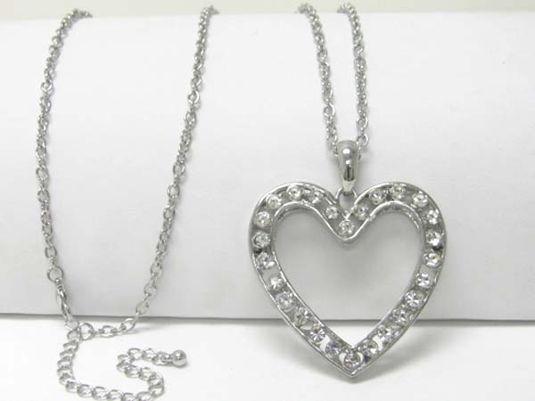 Large crystal stud open heart charm dangle long neckalce earring set