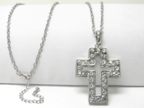 Large crystal stud cross charm dangle long neckalce earring set