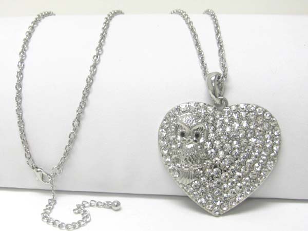 Large crystal stud owl engraved heart charm dangle long neckalce earring set