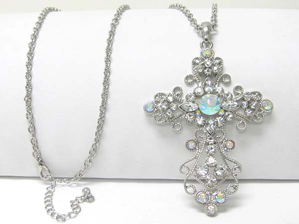 Large crystal stud cross charm dangle long neckalce earring set