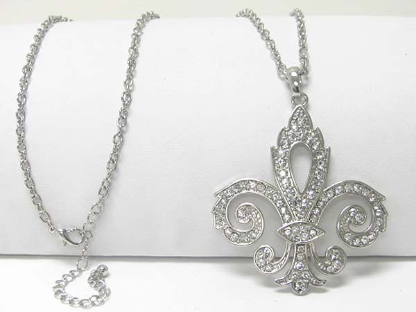 Large crystal stud fleur de lis charm dangle long neckalce earring set