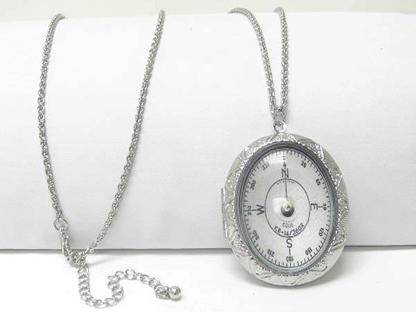 Large compass design oval locket charm dangle long neckalce earring set