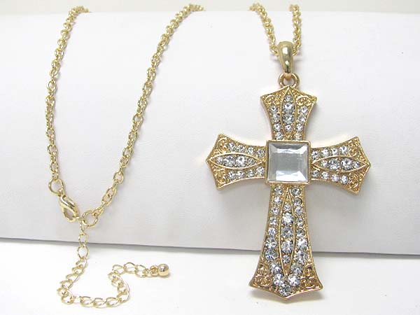 Large crystal stud cross charm dangle long neckalce earring set