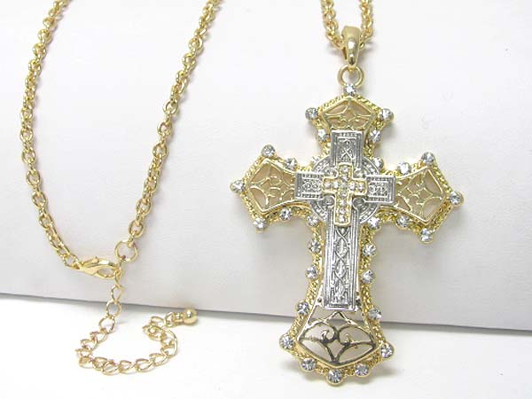 Large crystal stud cross charm dangle long neckalce earring set