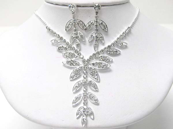 Rhinestone leaves drop necklace earring set