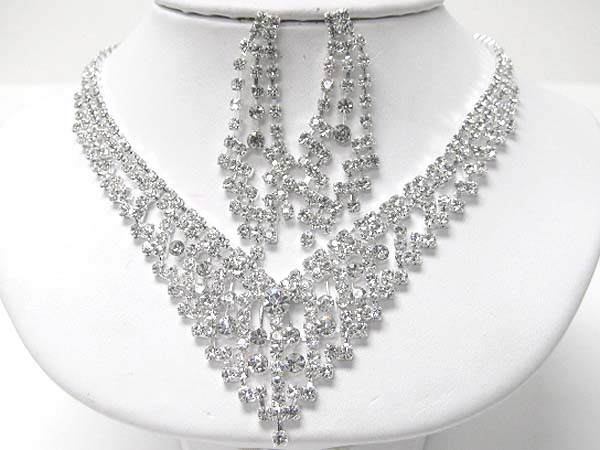 Rhinestone thick v necklace earring set