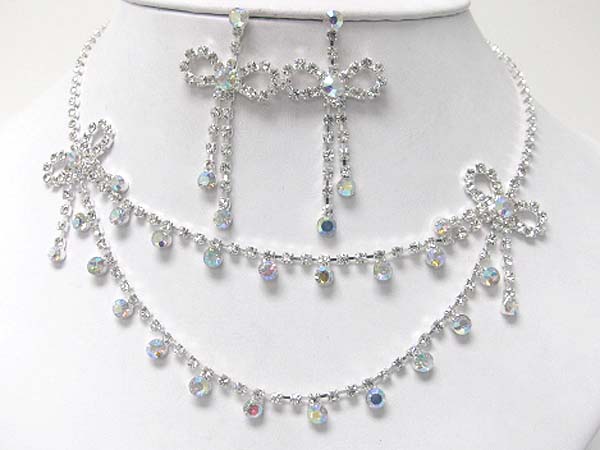 Rhinestone ribbon and crystal ball necklace earring set