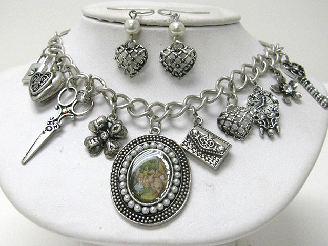 Retro vintage style picture charm and mixed charm dangle necklace earring set