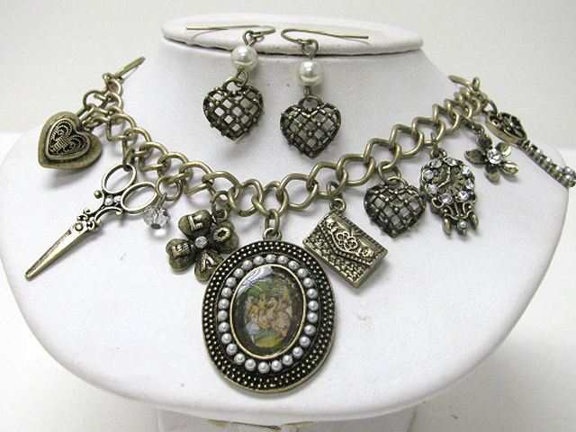 Retro vintage style picture charm and mixed charm dangle necklace earring set