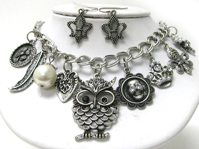 Retro vintage style owl and mixed charm dangle necklace earring set