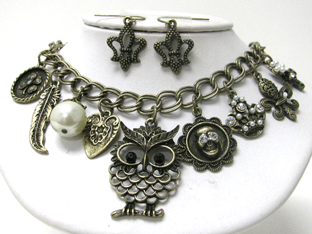 Retro vintage style owl and mixed charm dangle necklace earring set