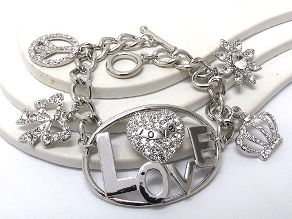 Crystal metal cut out love and crown with bow dangle chain bracelet