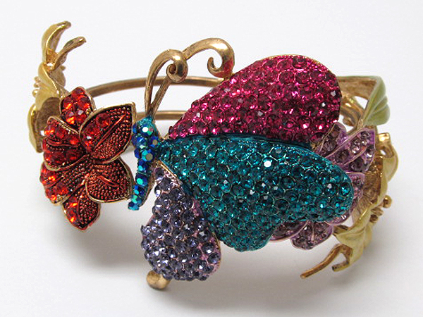 Four crystal metal patern flowers and one fashion crystal butterfly hinge bangle