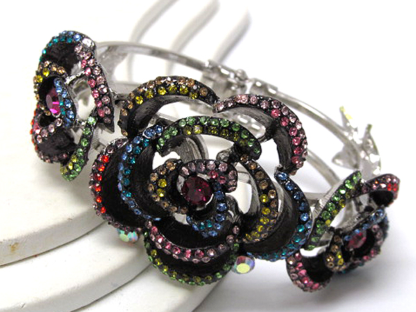 Three crystal metal epoxy fashion flowers hinge bangle