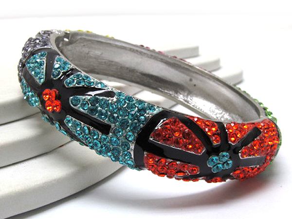 Crystal and epoxy patern flowers metal hinge bangle