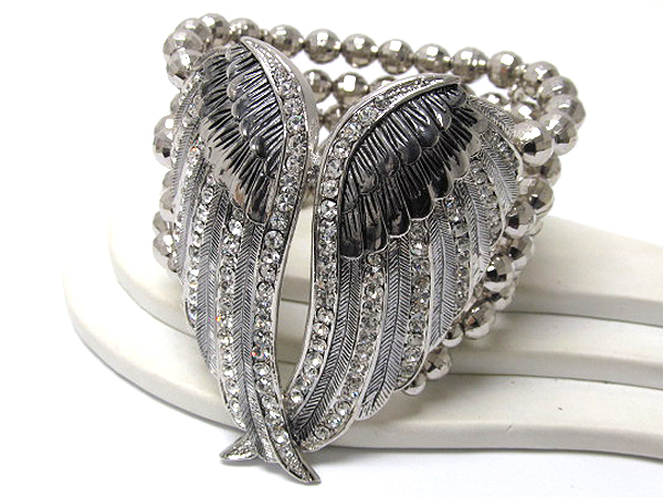 Multi crystal metal fashion wings and five line metal balls stretch bracelet