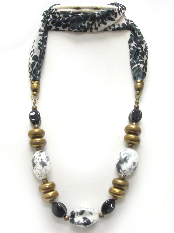 Multi figurine and ring accent and animal print half scarf long necklace