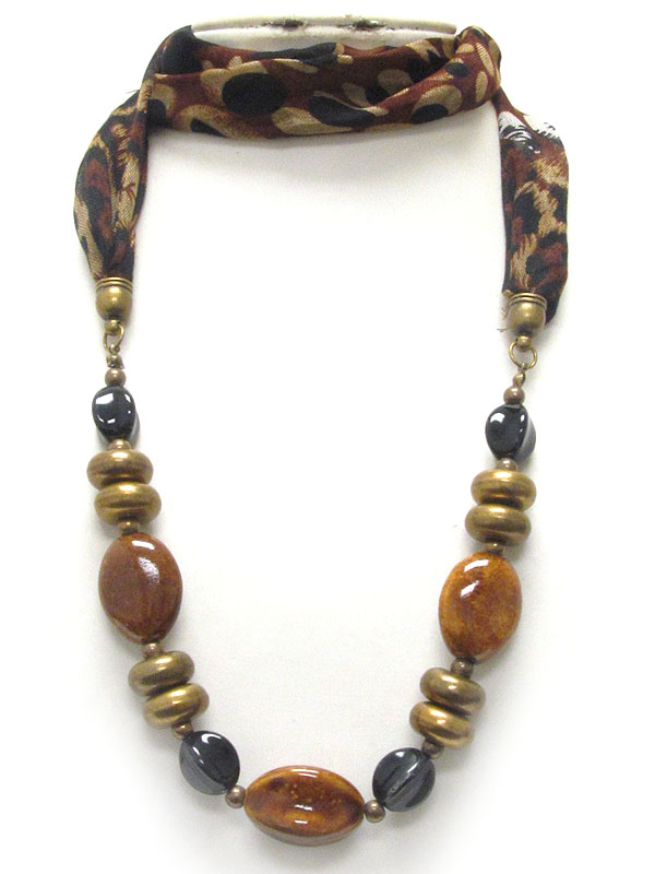 Multi figurine and ring accent and animal print half scarf long necklace