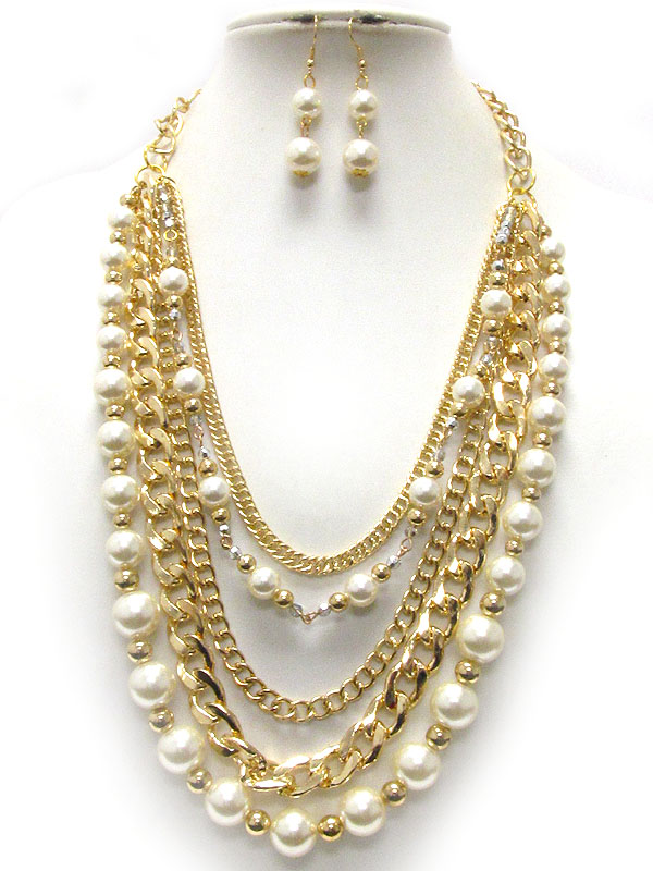 Multi layered metal and pearl deco chain necklace earring set