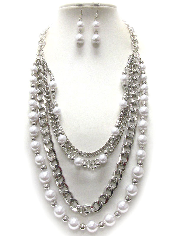 Multi layered metal and pearl deco chain necklace earring set