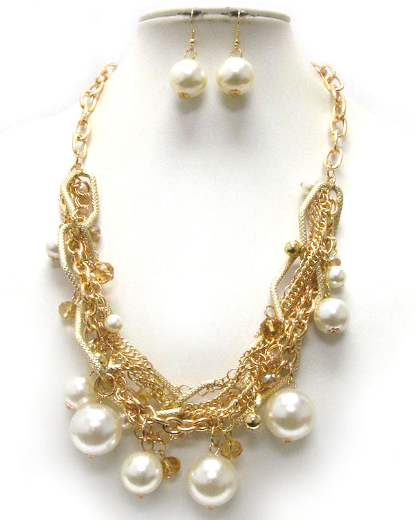 Multi metal chain twist and pearl dangle necklace earring set