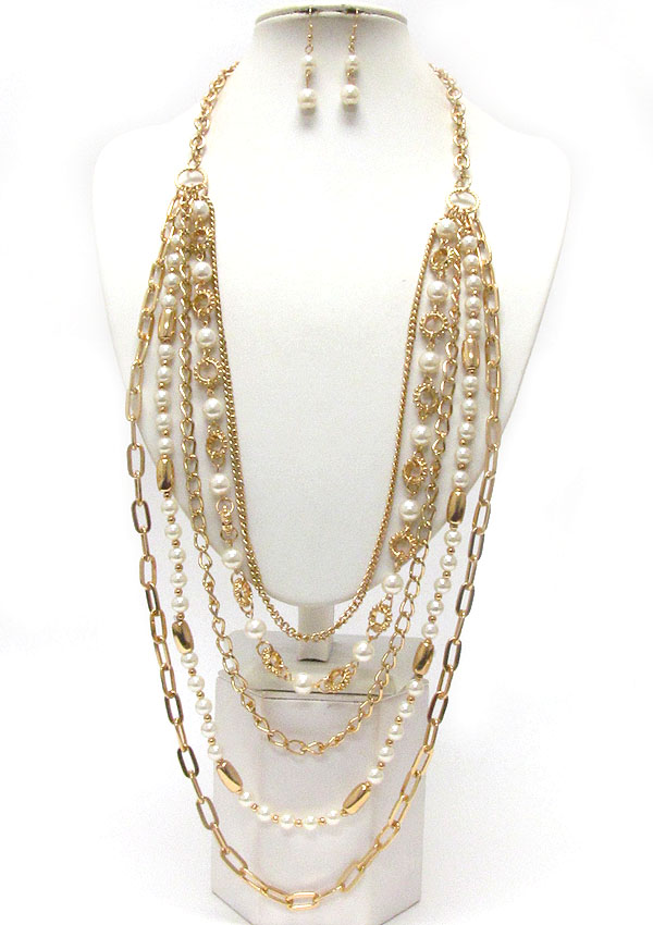 Multi layered metal and pearl deco chain long necklace earring set