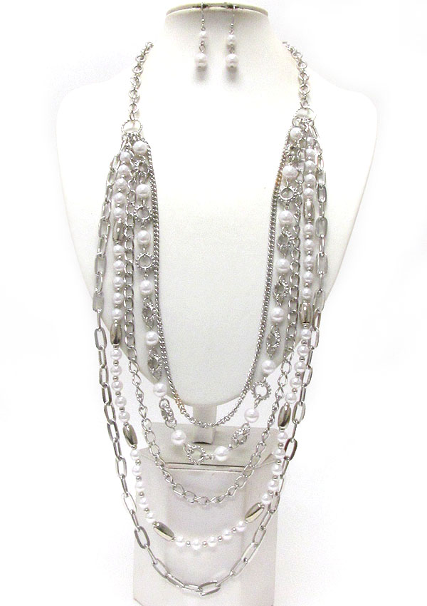 Multi layered metal and pearl deco chain long necklace earring set