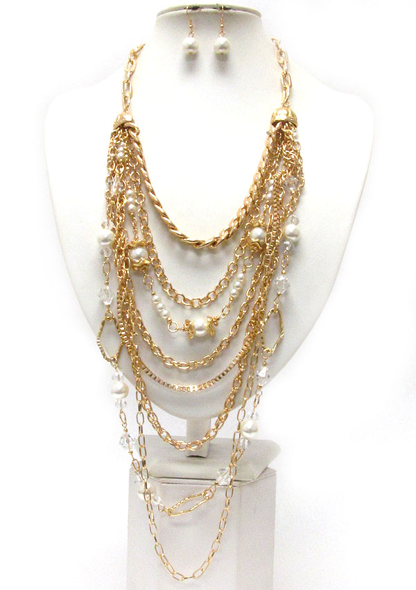 Multi layered metal and pearl deco chain long necklace earring set