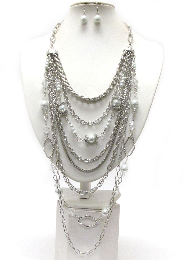 Multi layered metal and pearl deco chain long necklace earring set